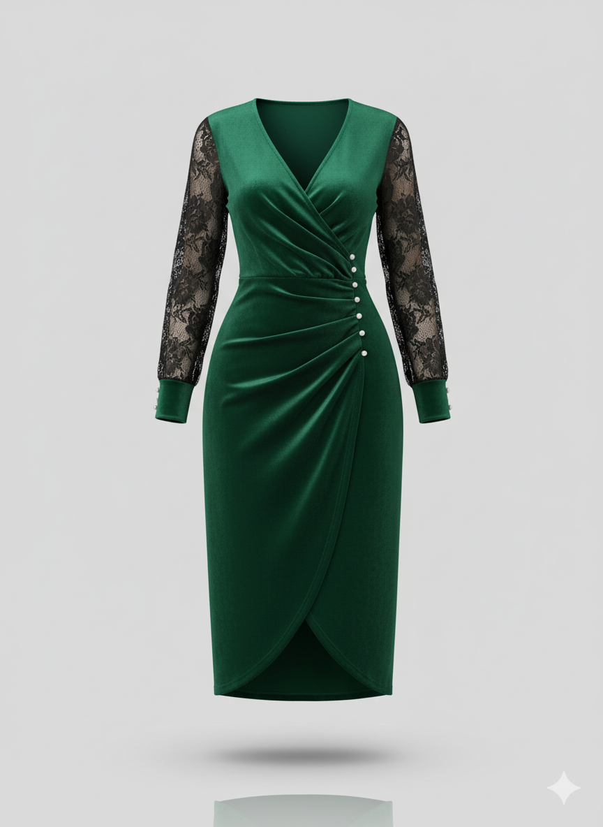 Kadın Kruvaze Yaka Yandan Düğmeli Çapraz Kesim Detaylı Midi Kadife Elbise – Şık & Zarif Tasarım