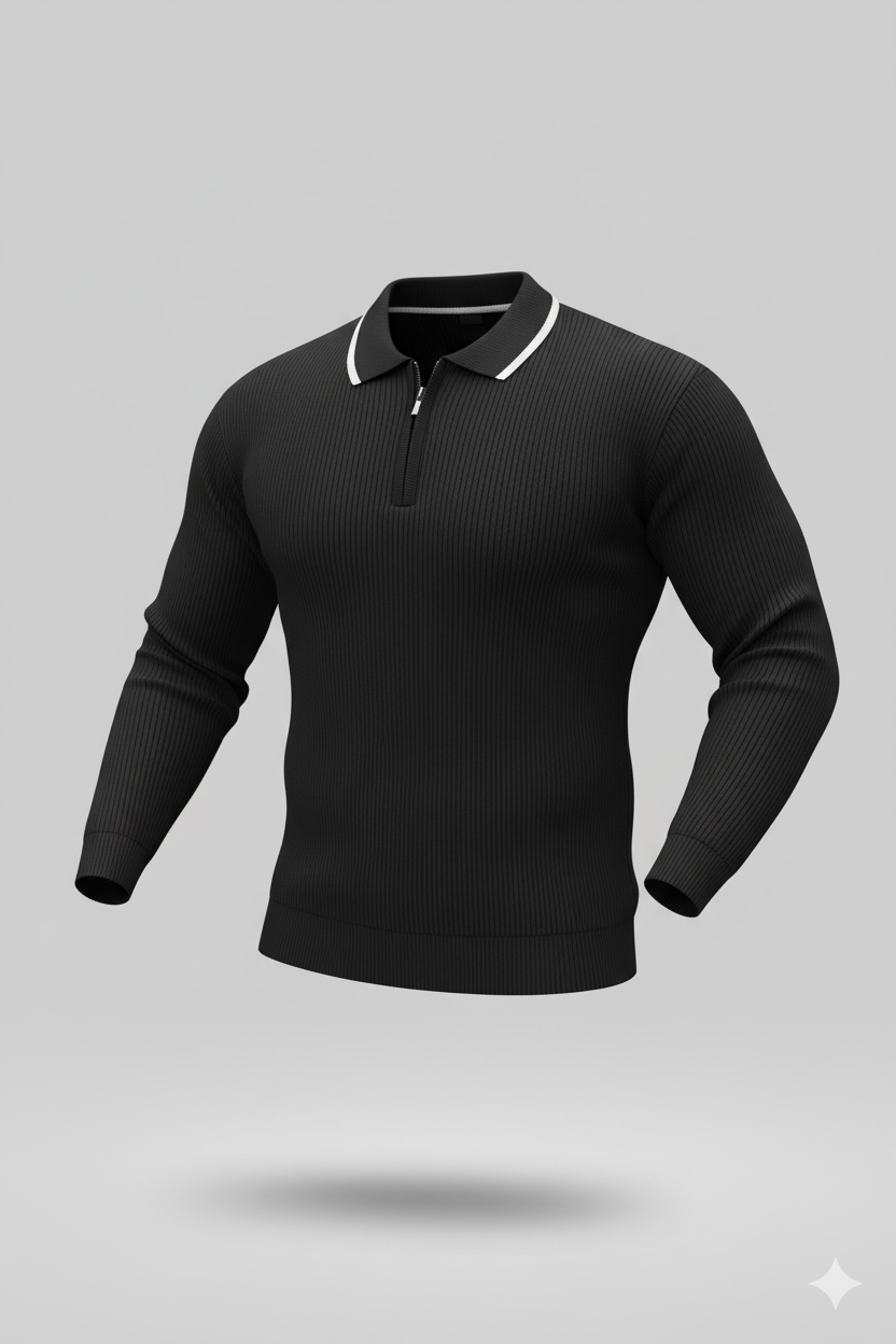 Erkek Fermuarlı Yarım V Yaka Şeritli Triko – Sportif & Şık Tasarım, Rahat Günlük Kazak