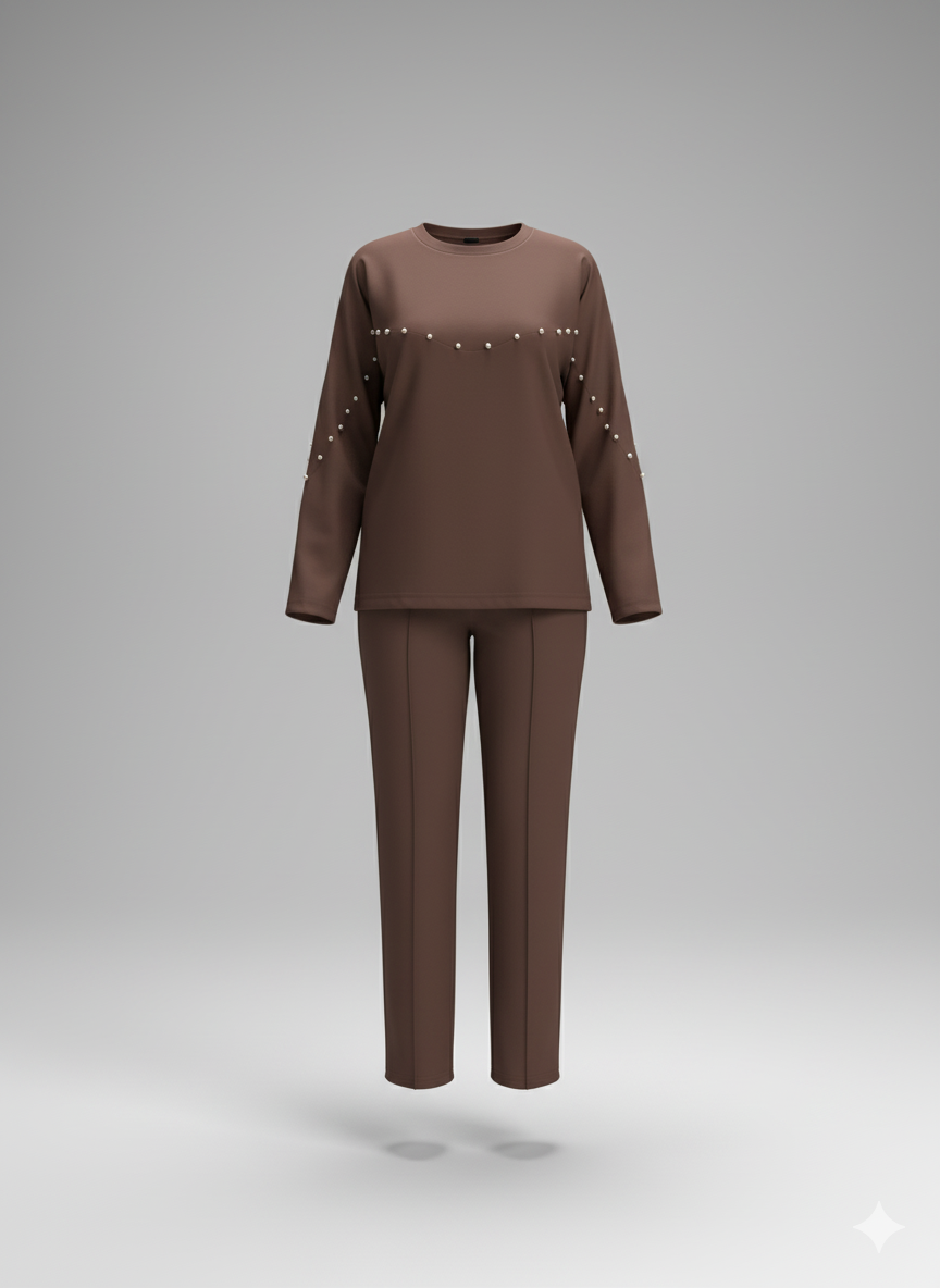 Kadın İnci Detaylı Modal Kumaş İkili Takım – Şık & Rahat Bluz Pantolon Set