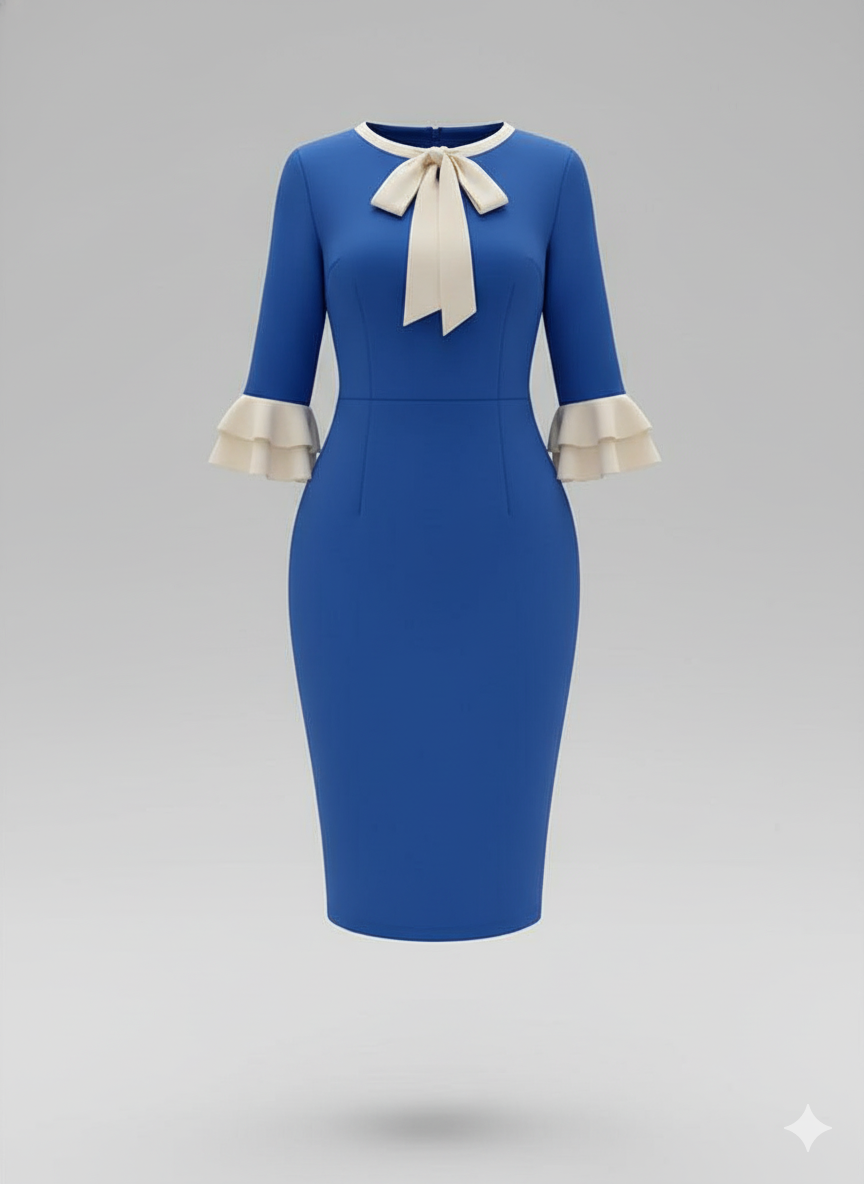 Kadın Truvakar Kollu Fiyonk Yakalı Midi İthal Krep Elbise – Şık Zarif Tasarım