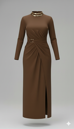 Kadın Balıkçı Yaka Toka Detaylı Sandy Kumaş Midi Elbise