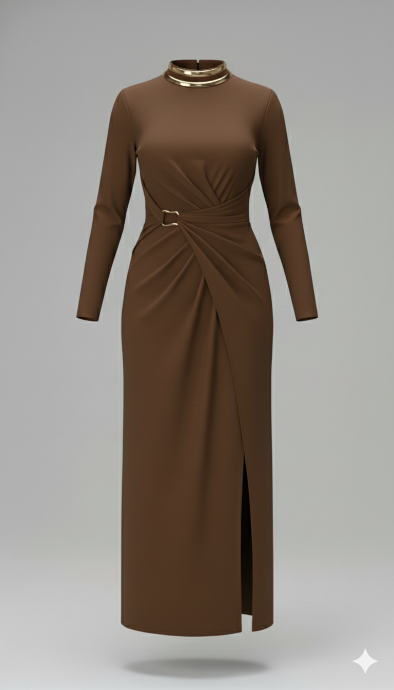 Kadın Balıkçı Yaka Toka Detaylı Sandy Kumaş Midi Elbise