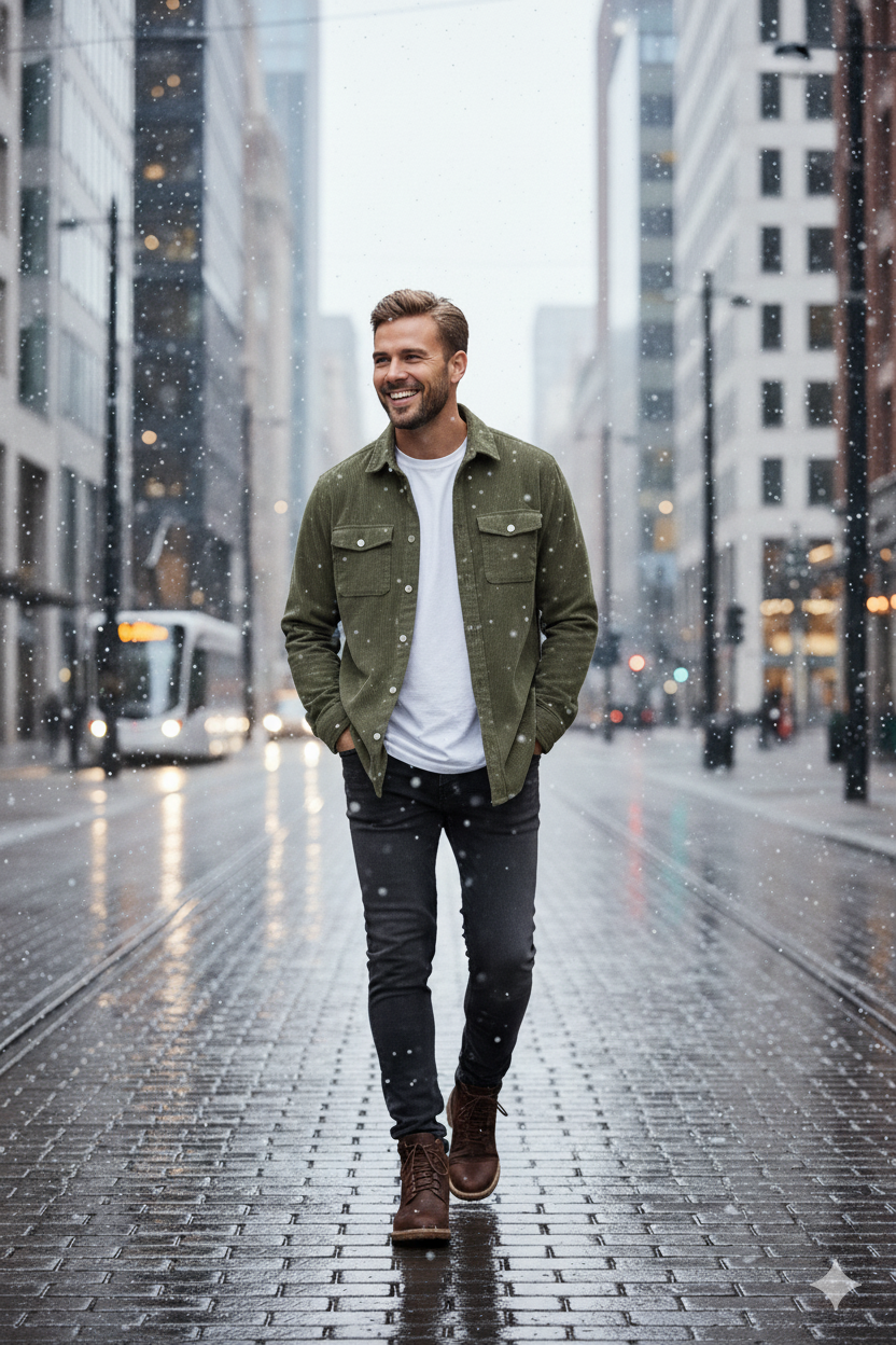 Erkek Fitilli Kadife Gömlek – Oversize Rahat Kalıp, Cepli, Yumuşak Dokulu Şık Üst (Haki)