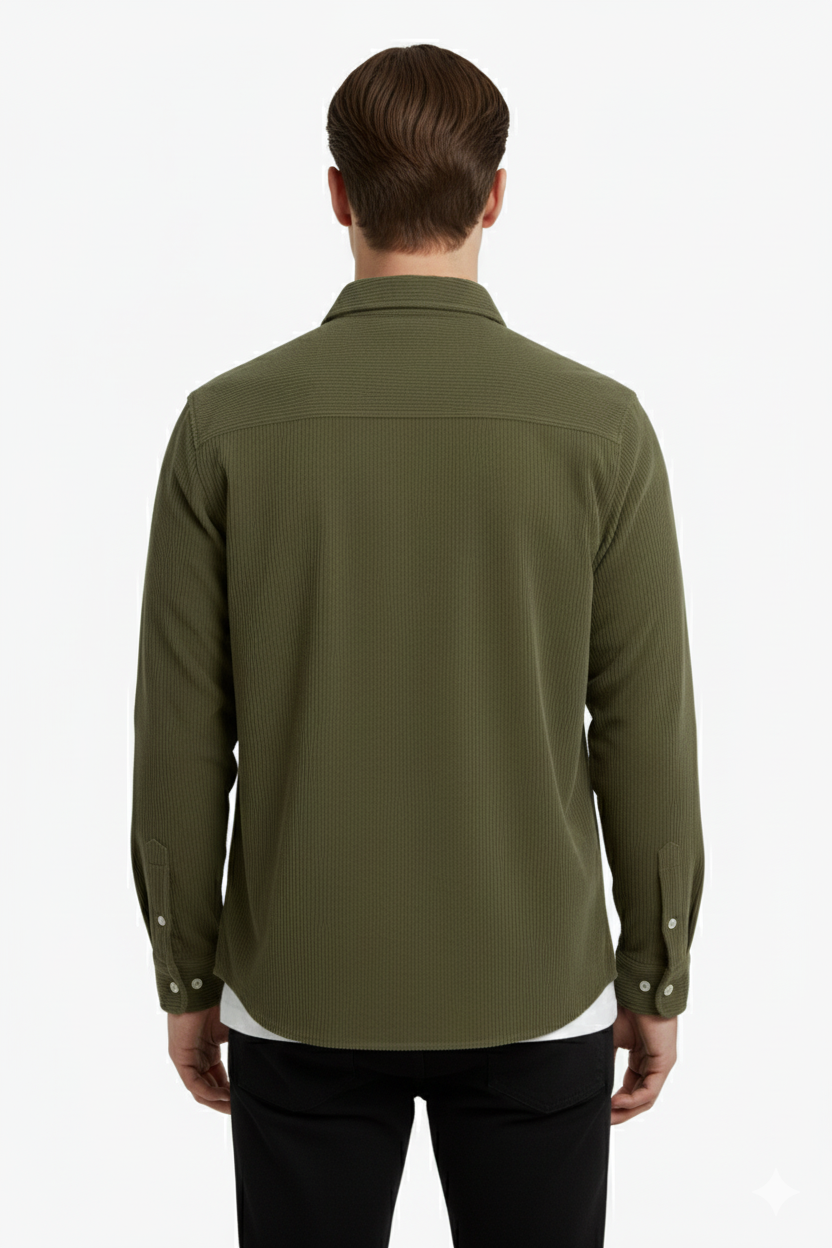 Erkek Fitilli Kadife Gömlek – Oversize Rahat Kalıp, Cepli, Yumuşak Dokulu Şık Üst (Haki)