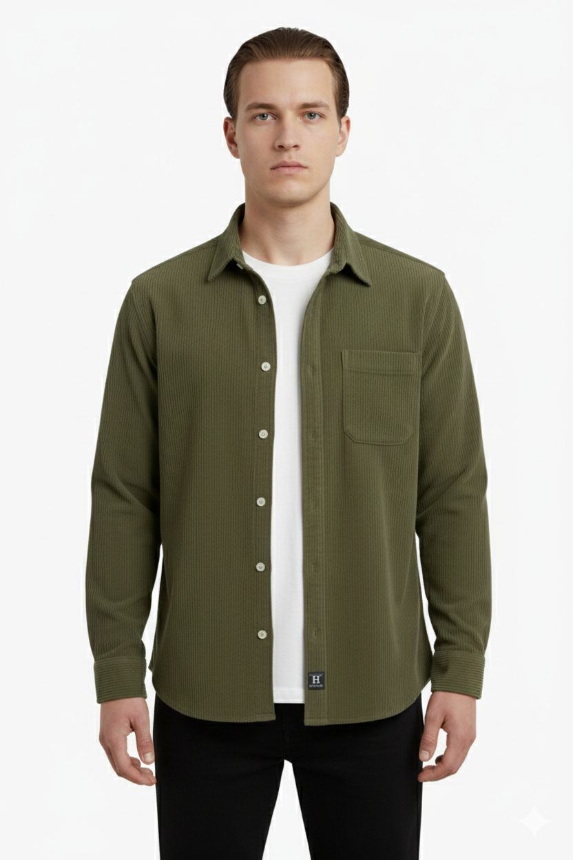 Erkek Fitilli Kadife Gömlek – Oversize Rahat Kalıp, Cepli, Yumuşak Dokulu Şık Üst (Haki)