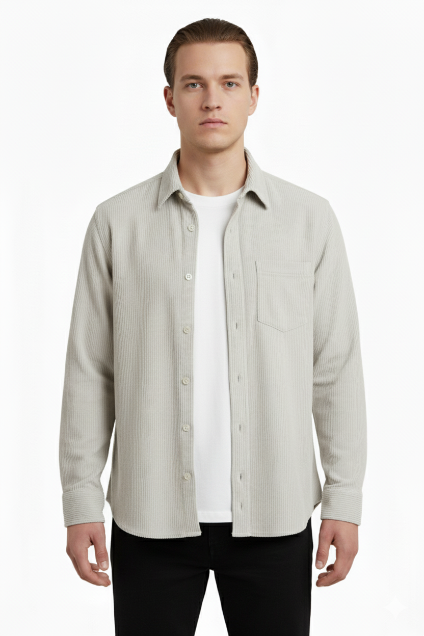 Erkek Fitilli Kadife Gömlek – Oversize Rahat Kalıp, Cepli, Yumuşak Dokulu Şık Üst (Haki)