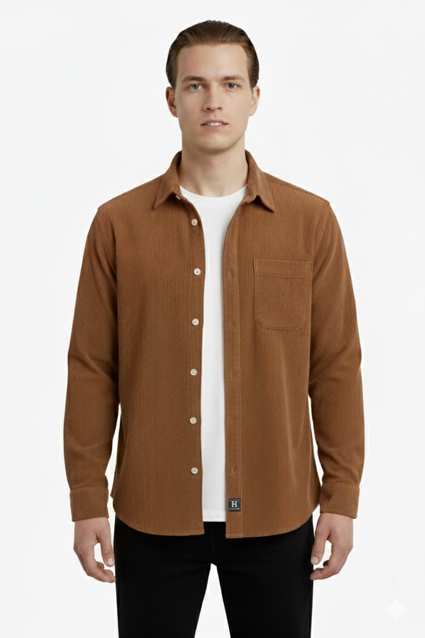 Erkek Fitilli Kadife Gömlek – Oversize Rahat Kalıp, Cepli, Yumuşak Dokulu Şık Üst (Haki)