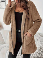 Kadın Kapşonlu Önden Fermuarlı Cepli Welsoft Peluş Ceket – Yumuşak & Sıcak Dış Giyim