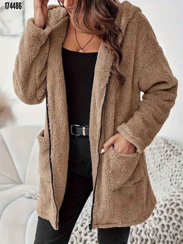 Kadın Kapşonlu Önden Fermuarlı Cepli Welsoft Peluş Ceket – Yumuşak & Sıcak Dış Giyim