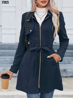 Kadın Süet Kaşe Kaban – Boyundan Düğmeli, Fermuarlı, Beli Kuşaklı Uzun Kollu Şık Dış Giyim