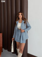 Kadın Kazayağı Desenli Kemerli Vatkalı 3’lü Ceket Takım