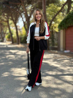 Kadın Hakim Yaka Şerit Detaylı Hırka & Bol Paça Pantolon İkili Takım – Şık ve Rahat Kombin Seti