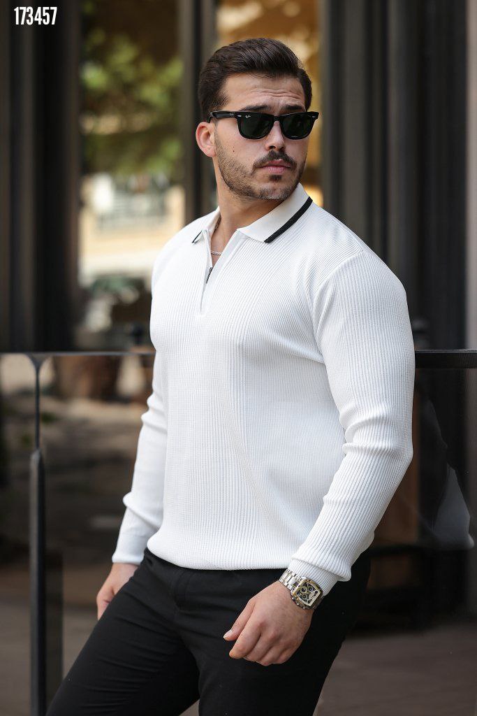 Erkek Fermuarlı Yarım V Yaka Şeritli Triko – Sportif & Şık Tasarım, Rahat Günlük Kazak