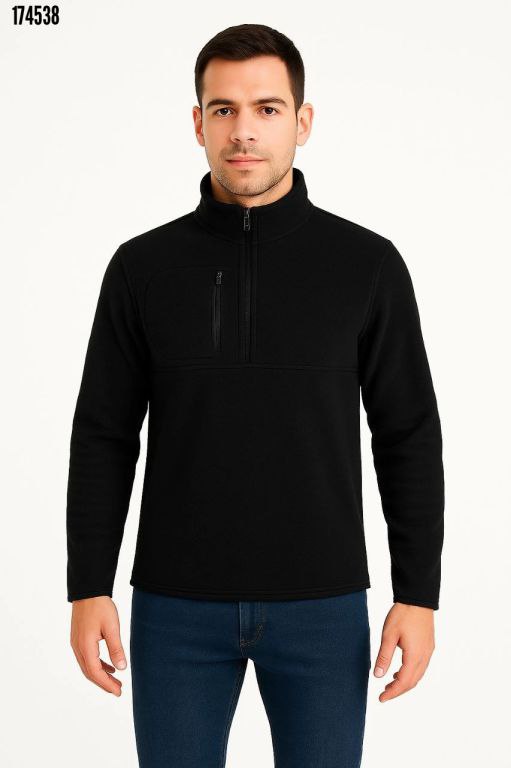 Erkek Polar Kazak – Dik Yaka Yarım Fermuarlı, Göğüs Cepli, Regular Fit Kışlık Siyah Polar