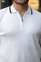 Erkek Fermuarlı Yarım V Yaka Şeritli Triko – Sportif & Şık Tasarım, Rahat Günlük Kazak