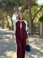 Kadın Hakim Yaka Şerit Detaylı Hırka & Bol Paça Pantolon İkili Takım – Şık ve Rahat Kombin Seti