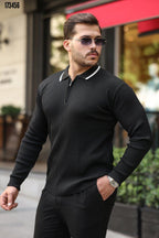 Erkek Fermuarlı Yarım V Yaka Şeritli Triko – Sportif & Şık Tasarım, Rahat Günlük Kazak