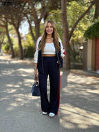 Kadın Hakim Yaka Şerit Detaylı Hırka & Bol Paça Pantolon İkili Takım – Şık ve Rahat Kombin Seti