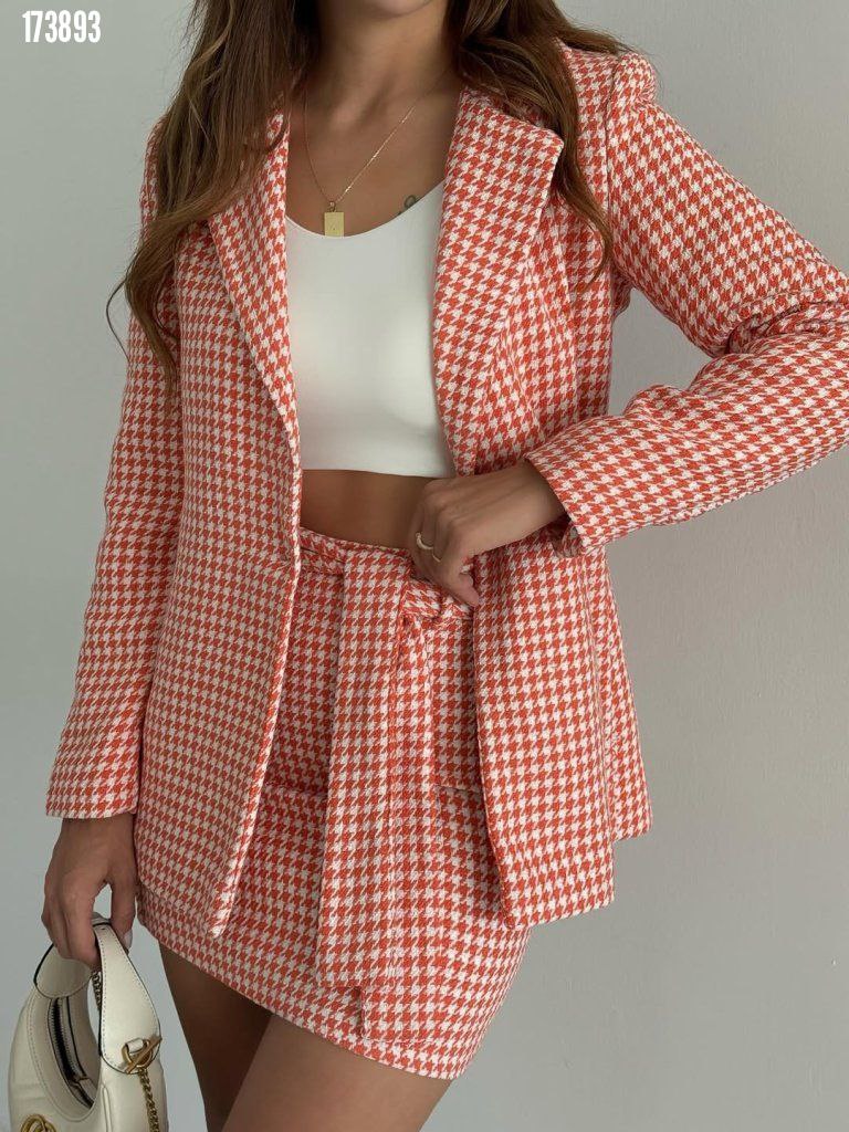 Kadın Kazayağı Desenli Kemerli Vatkalı 3’lü Ceket Takım