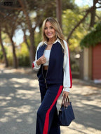 Kadın Hakim Yaka Şerit Detaylı Hırka & Bol Paça Pantolon İkili Takım – Şık ve Rahat Kombin Seti