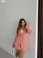 Kadın Kazayağı Desenli Kemerli Vatkalı 3’lü Ceket Takım