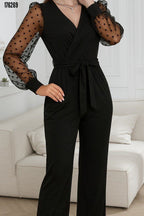 Kadın Kruvaze Yaka Kuşaklı Tül Detaylı İthal Krep Tulum – Şık & Zarif Tasarım