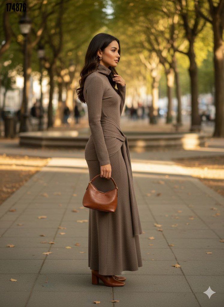 Kadın Balıkçı Yaka Uzun Kollu Bürümcük Kumaş Kuşaklı Kalem Elbise | Şık Midi Elbise