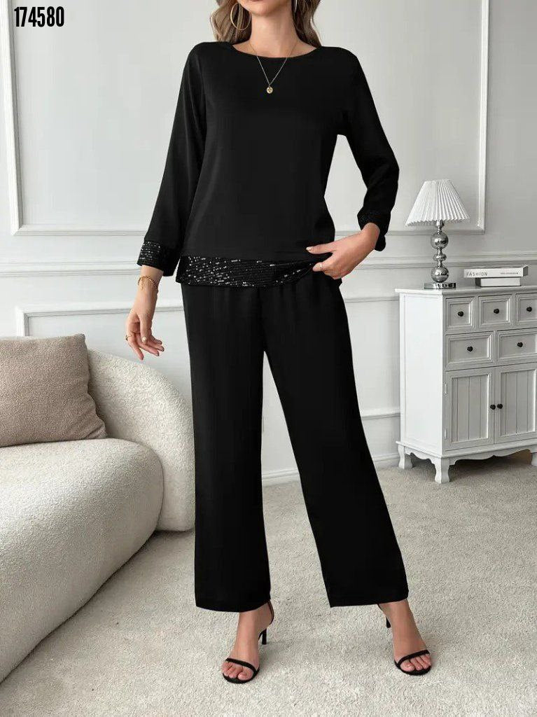 Kadın Bisiklet Yaka Pul Payetli Viskon İki İplik Bluz & Pantolon İkili Takım – Şık & Rahat Set