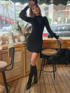 Kadın Balıkçı Yaka Mini Elbise | Transparan Detaylı Sandy Kumaş Şık Elbise