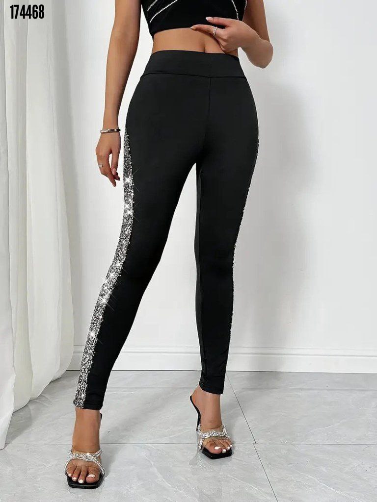 Kadın Yüksek Bel Şerit Detaylı Pul Payetli Dalgıç Tayt