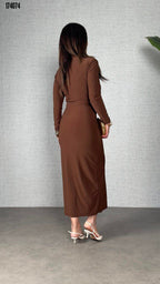 Kadın Balıkçı Yaka Toka Detaylı Sandy Kumaş Midi Elbise