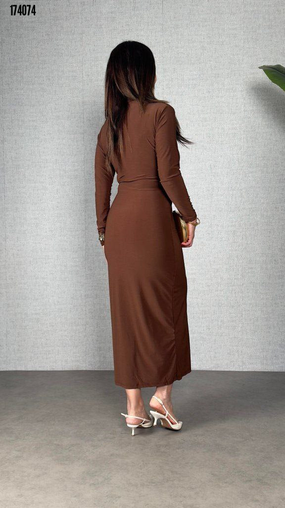 Kadın Balıkçı Yaka Toka Detaylı Sandy Kumaş Midi Elbise