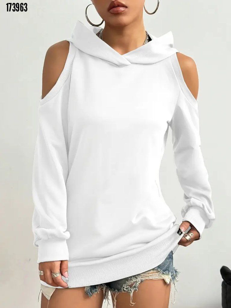 Kadın Uzun Kollu Kapüşonlu Omuzları Açık Viskon İki İplik Bluz