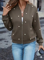 Kadın Uzun Kollu Önden Fermuarlı İnci Detaylı Kısa Modal Ceket