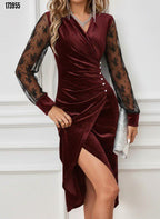 Kadın Kruvaze Yaka Yandan Düğmeli Çapraz Kesim Detaylı Midi Kadife Elbise – Şık & Zarif Tasarım