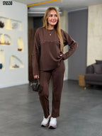 Kadın İnci Detaylı Modal Kumaş İkili Takım – Şık & Rahat Bluz Pantolon Set