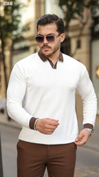 Erkek Çift Renk V Yaka Triko Kazak – Kontrast Detaylı Modern Tasarım