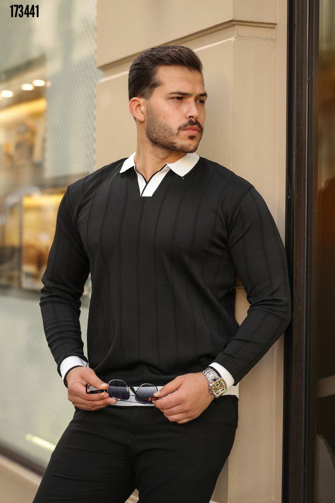 Erkek Çift Renk V Yaka Triko Kazak – Kontrast Detaylı Modern Tasarım