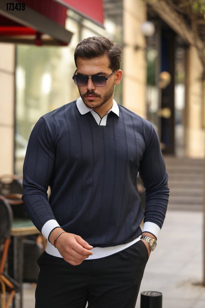 Erkek Çift Renk V Yaka Triko Kazak – Kontrast Detaylı Modern Tasarım