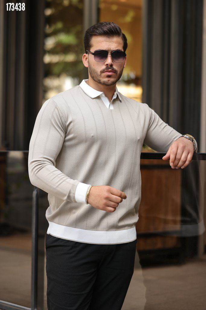 Erkek Çift Renk V Yaka Triko Kazak – Kontrast Detaylı Modern Tasarım