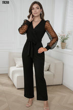 Kadın Kruvaze Yaka Kuşaklı Tül Detaylı İthal Krep Tulum – Şık & Zarif Tasarım