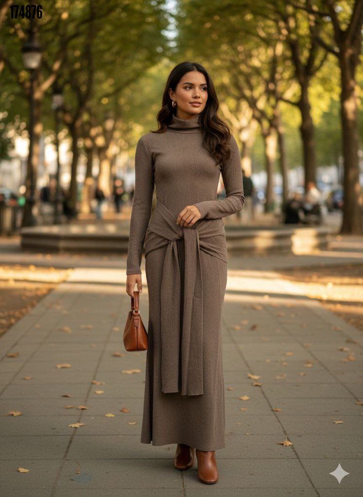 Kadın Balıkçı Yaka Uzun Kollu Bürümcük Kumaş Kuşaklı Kalem Elbise | Şık Midi Elbise