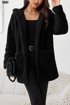 Kadın Kapşonlu Önden Fermuarlı Cepli Welsoft Peluş Ceket – Yumuşak & Sıcak Dış Giyim