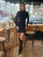 Kadın Balıkçı Yaka Mini Elbise | Transparan Detaylı Sandy Kumaş Şık Elbise