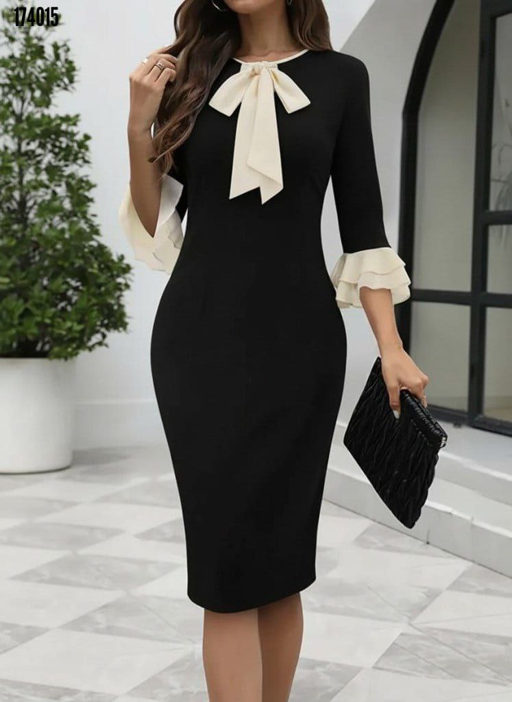 Kadın Truvakar Kollu Fiyonk Yakalı Midi İthal Krep Elbise – Şık Zarif Tasarım