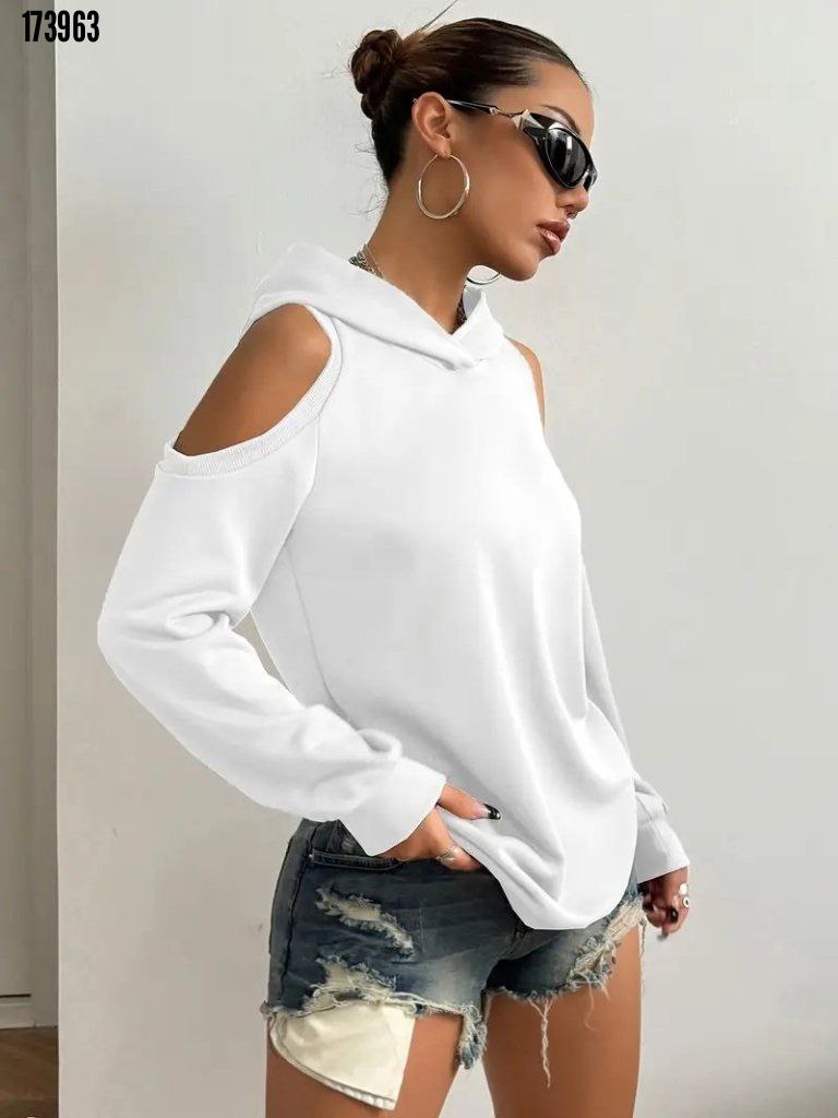 Kadın Uzun Kollu Kapüşonlu Omuzları Açık Viskon İki İplik Bluz