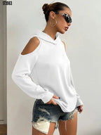 Kadın Uzun Kollu Kapüşonlu Omuzları Açık Viskon İki İplik Bluz