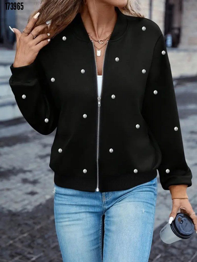 Kadın Uzun Kollu Önden Fermuarlı İnci Detaylı Kısa Modal Ceket