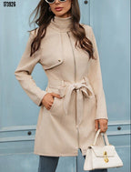 Kadın Süet Kaşe Kaban – Boyundan Düğmeli, Fermuarlı, Beli Kuşaklı Uzun Kollu Şık Dış Giyim