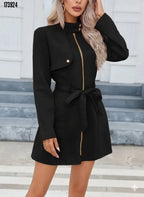 Kadın Süet Kaşe Kaban – Boyundan Düğmeli, Fermuarlı, Beli Kuşaklı Uzun Kollu Şık Dış Giyim